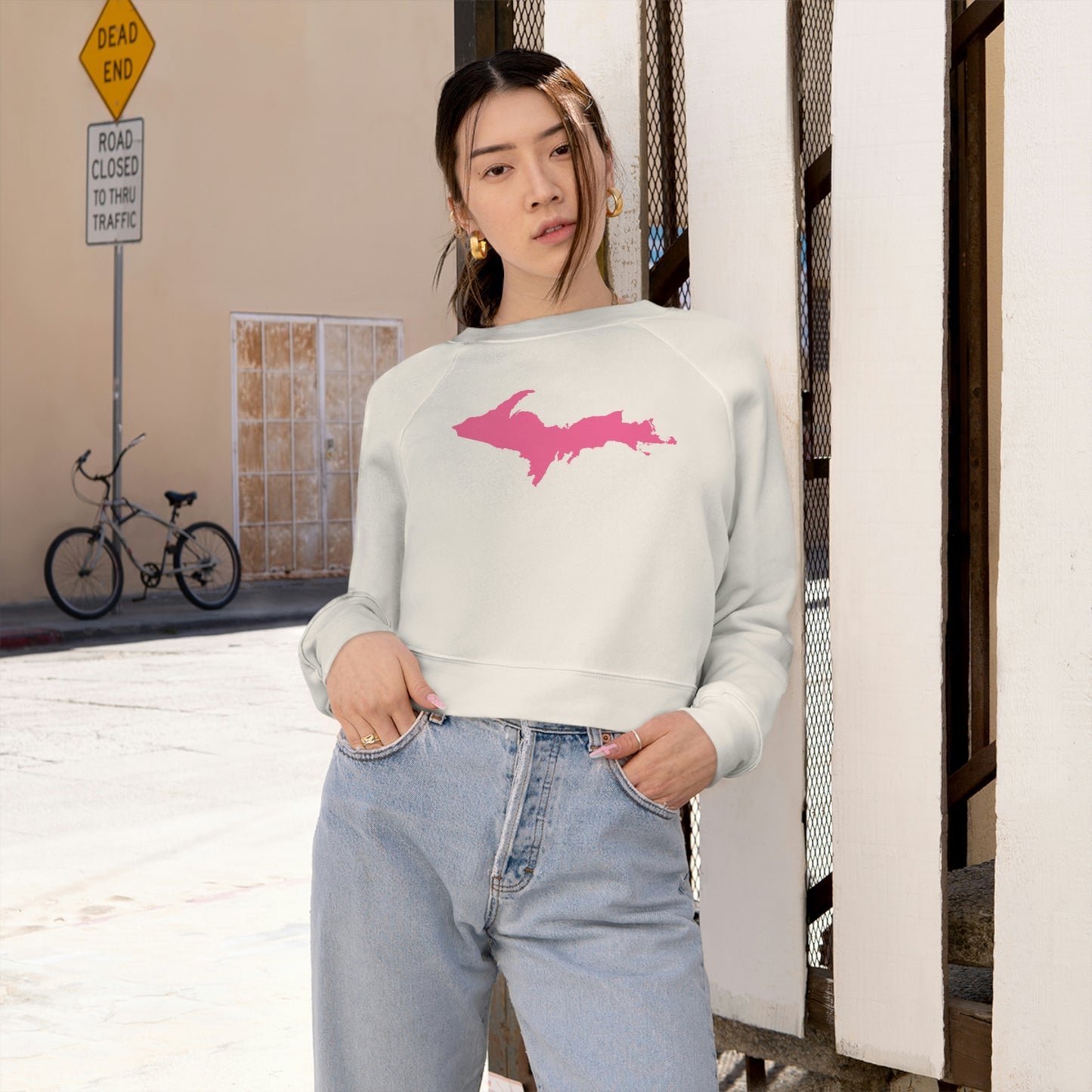 Michigan Upper Peninsula Sweatshirt (w/ Pink UP Outline) | Cropped Mid-Length