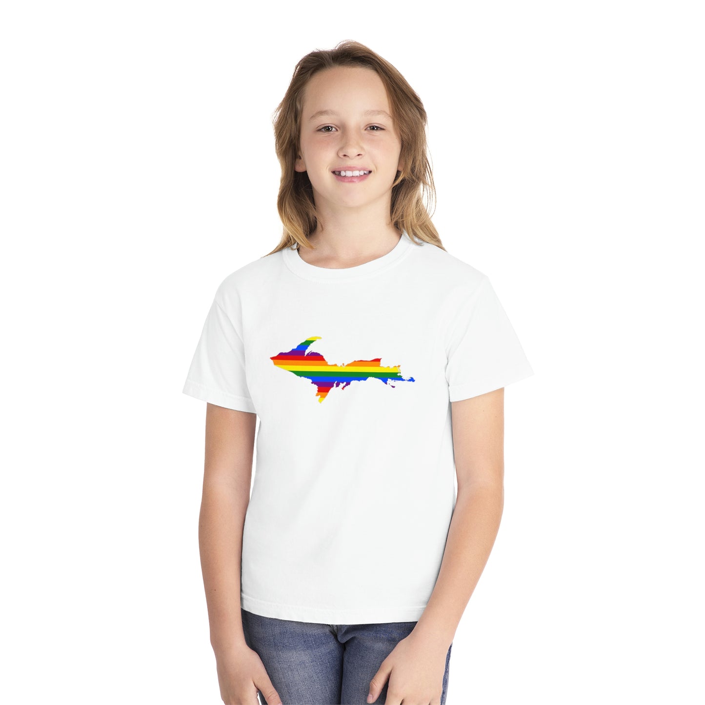 Michigan Upper Peninsula T-Shirt (w/ UP Pride Flag Outline) | Youth Garment-Dyed