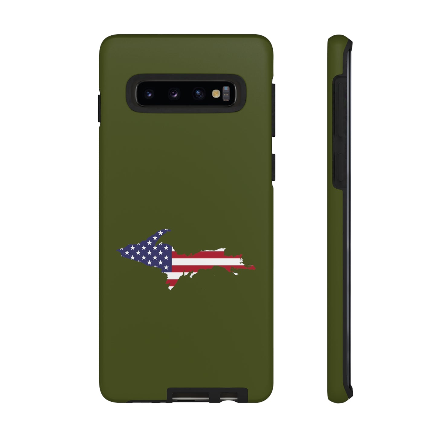 Michigan Upper Peninsula Tough Phone Case (Army Green w/ UP USA Flag Outline) | Samsung & Pixel Android