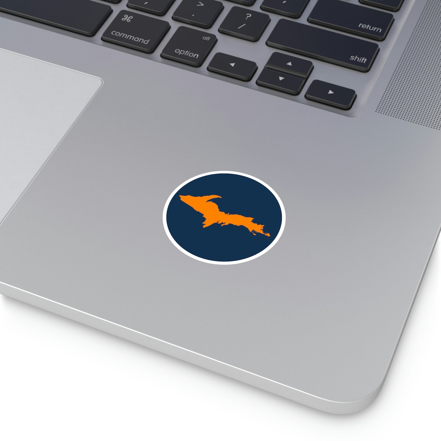 Michigan Upper Peninsula Round Stickers (Navy w/ Orange UP Outline) | Indoor\Outdoor