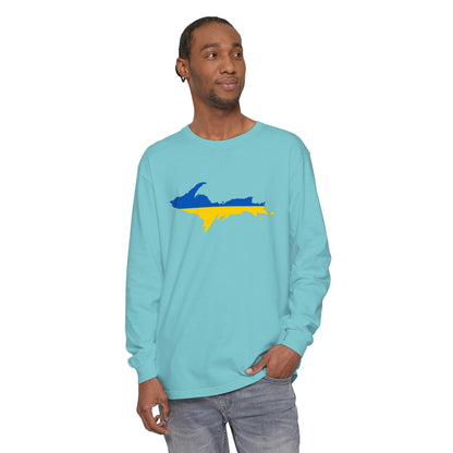 Michigan Upper Peninsula Garment-Dyed T-Shirt (w/ UP Ukraine Flag Outline) | Unisex Long Sleeve