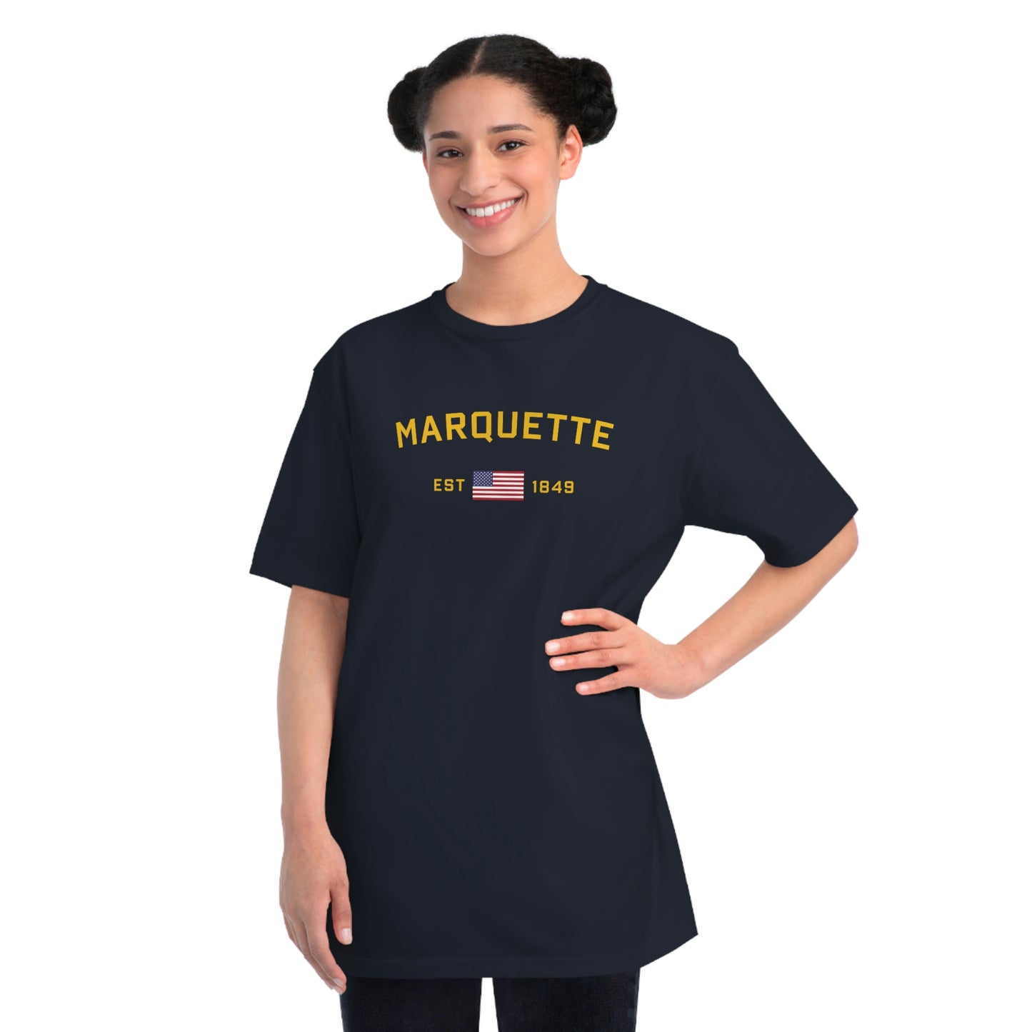 'Marquette EST 1849' T-Shirt (Green/Gold Type w/ USA Flag | Organic Unisex