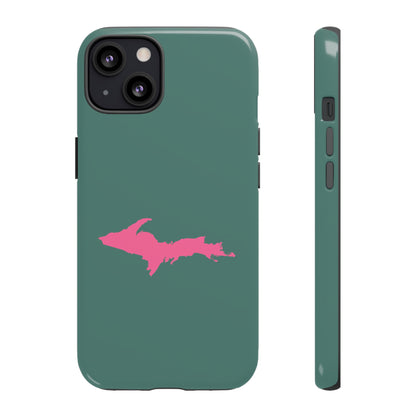 Michigan Upper Peninsula Tough Phone Case (Copper Green w/ Pink UP Outline) | Apple iPhone