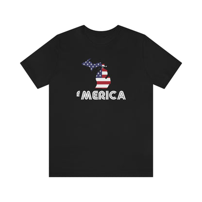 Michigan 'Merica' T-Shirt (Audiophile Font w/ MI USA Flag Outline) | Unisex Standard Fit