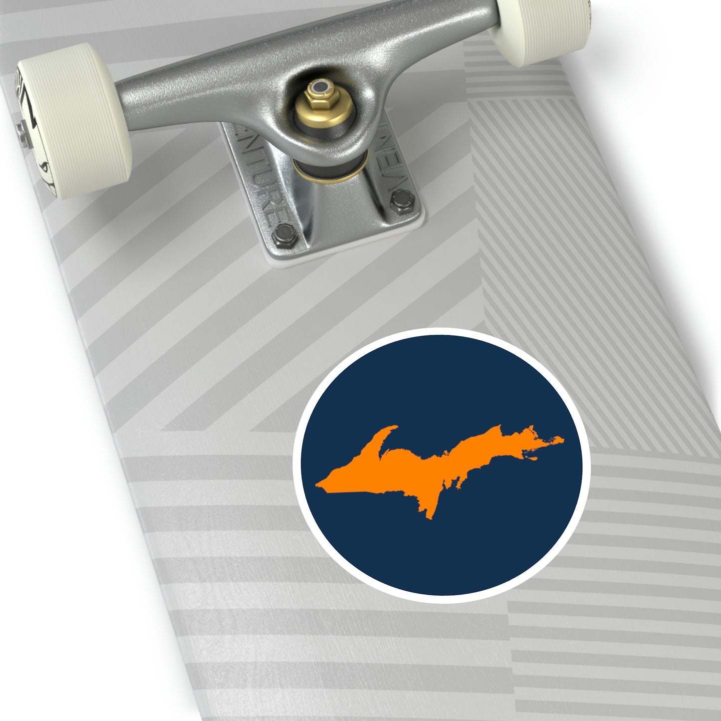 Michigan Upper Peninsula Round Stickers (Navy w/ Orange UP Outline) | Indoor\Outdoor