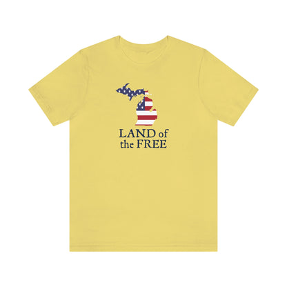 Michigan 'Land of the Free' T-Shirt (Patriot Font w/ MI USA Flag Outline) | Unisex Standard Fit