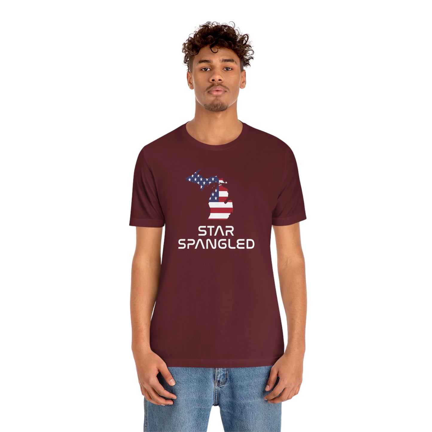 Michigan 'Star Spangled' T-Shirt (Space Agency Font w/ MI USA Flag Outline) | Unisex Standard Fit