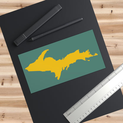 Michigan Upper Peninsula Bumper Sticker (w/ Gold UP Outline) | Copper Green Background