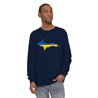 Michigan Upper Peninsula Garment-Dyed T-Shirt (w/ UP Ukraine Flag Outline) | Unisex Long Sleeve