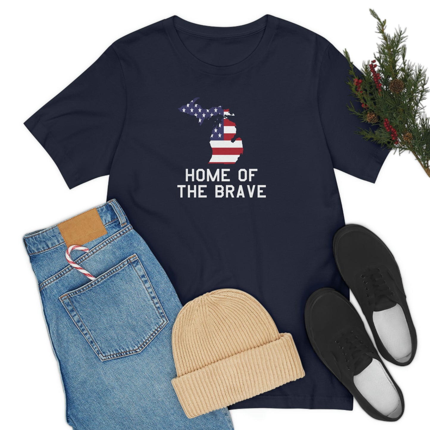 Michigan 'Home of the Brave' T-Shirt (USAF Stencil Font w/ MI USA Outline) | Unisex Standard Fit