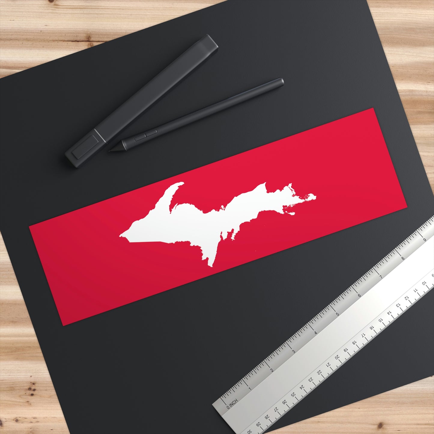 Michigan Upper Peninsula Bumper Sticker (w/ UP Outline) | Lighthouse Red Background