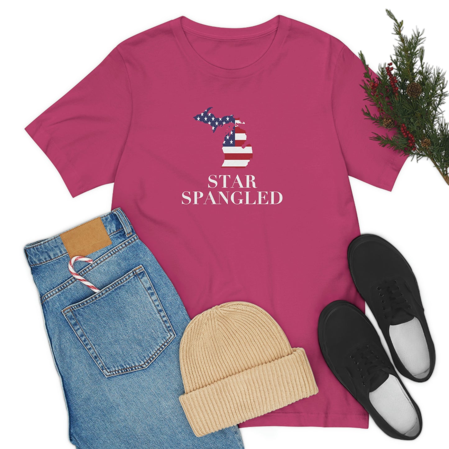 Michigan 'Star Spangled' T-Shirt (w/ MI USA Flag Outline) | Unisex Standard Fit