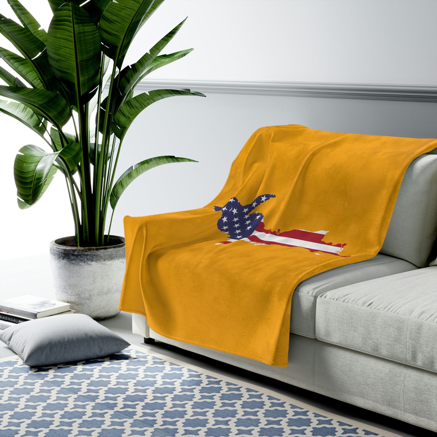 Michigan Upper Peninsula Plush Blanket (w/ UP USA Flag Outline) | Birch Leaf Orange