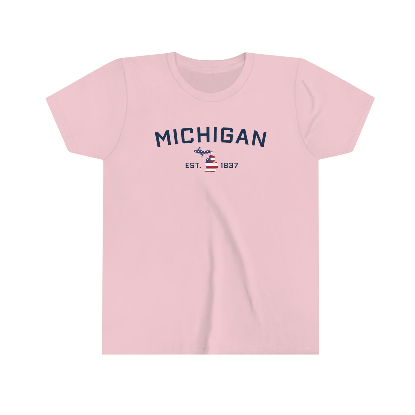 'Michigan EST 1837' T-Shirt (w/ MI USA Flag Outline) | Youth Short Sleeve