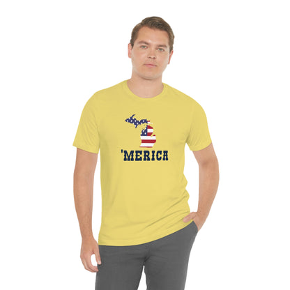 Michigan 'Merica' T-Shirt (Western Font w/ MI USA Flag Outline) | Unisex Standard Fit