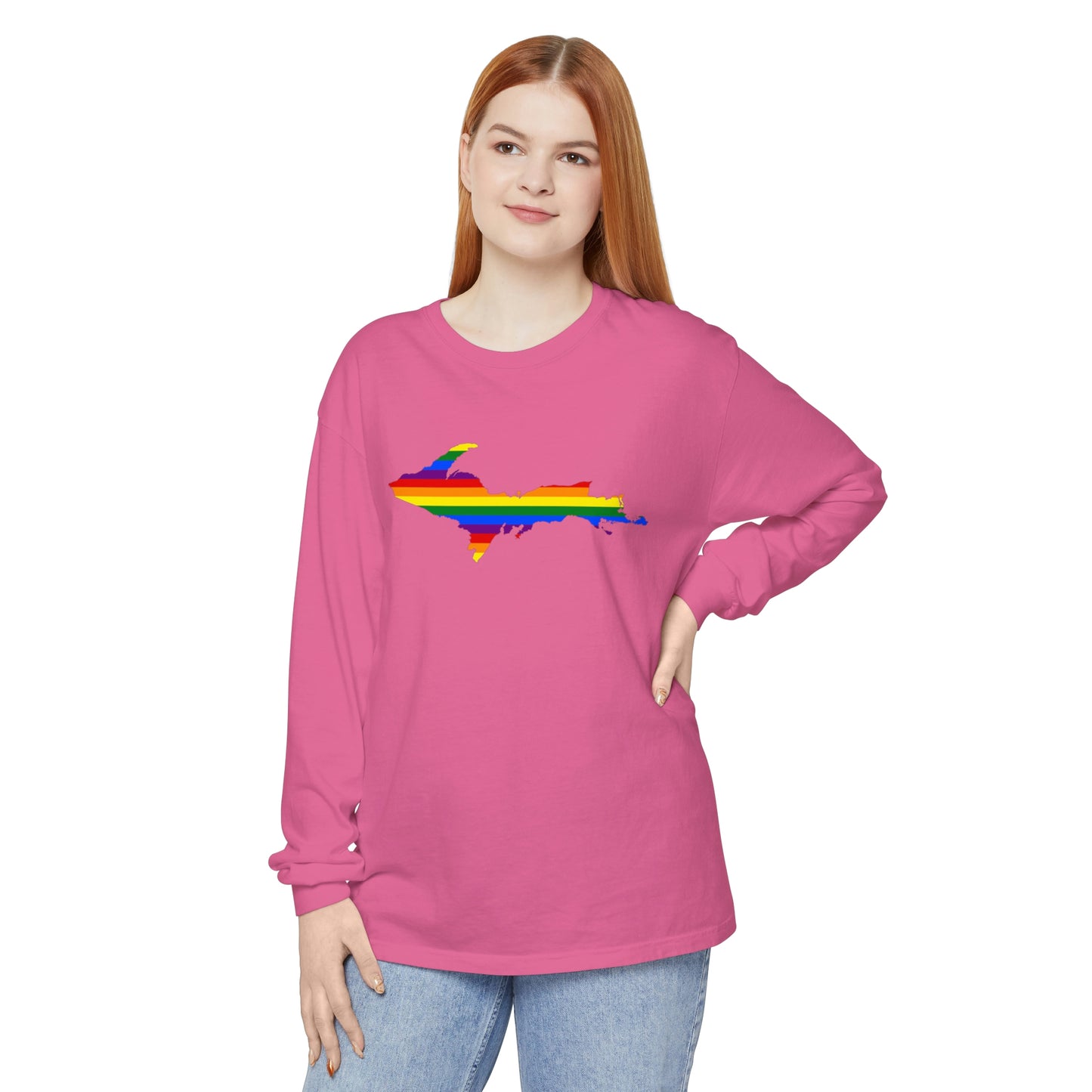 Michigan Upper Peninsula Garment-Dyed T-Shirt (w/ UP Pride Flag Outline) | Unisex Long Sleeve