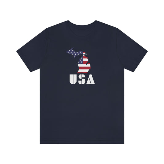 Michigan 'USA' T-Shirt (Art Deco Font w/ MI USA Flag Outline) | Unisex Standard Fit