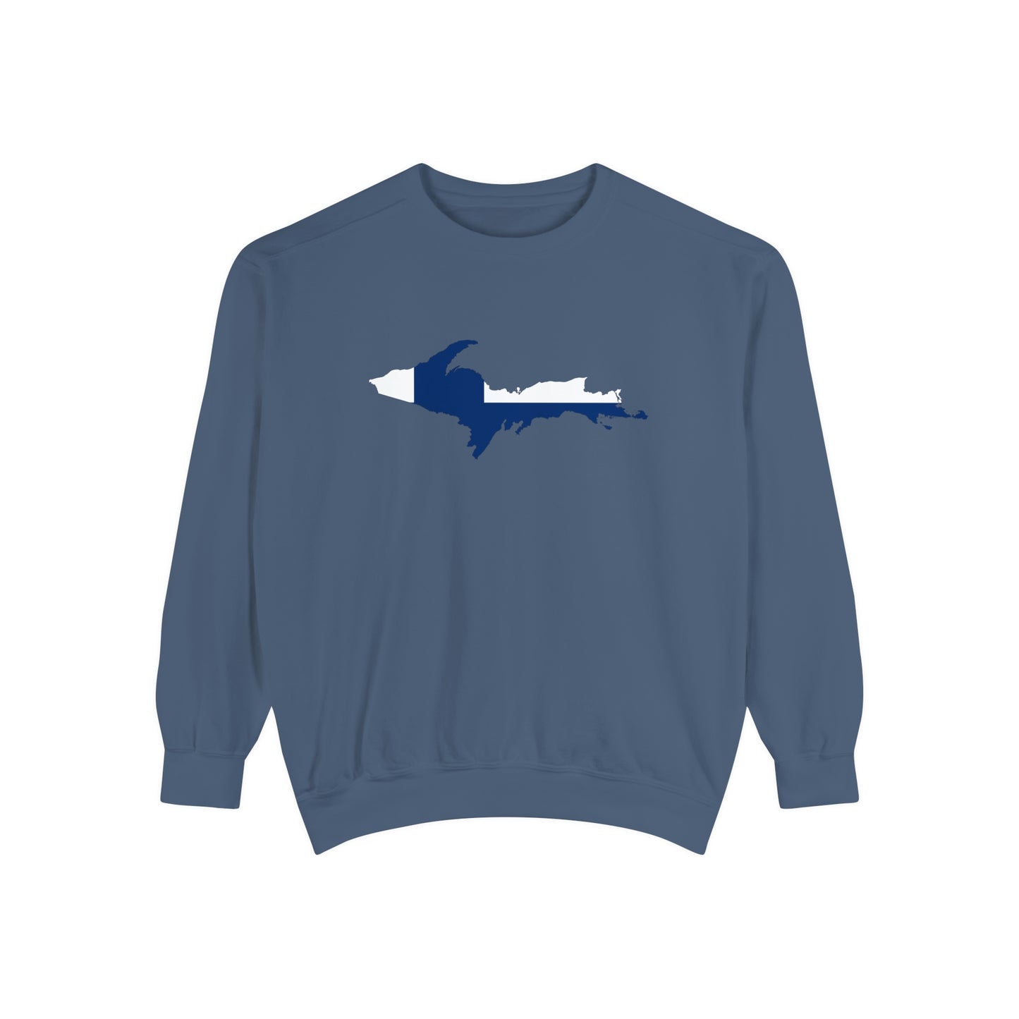 Michigan Upper Peninsula Sweatshirt (w/ UP Finland Flag Outline) | Unisex Garment Dyed