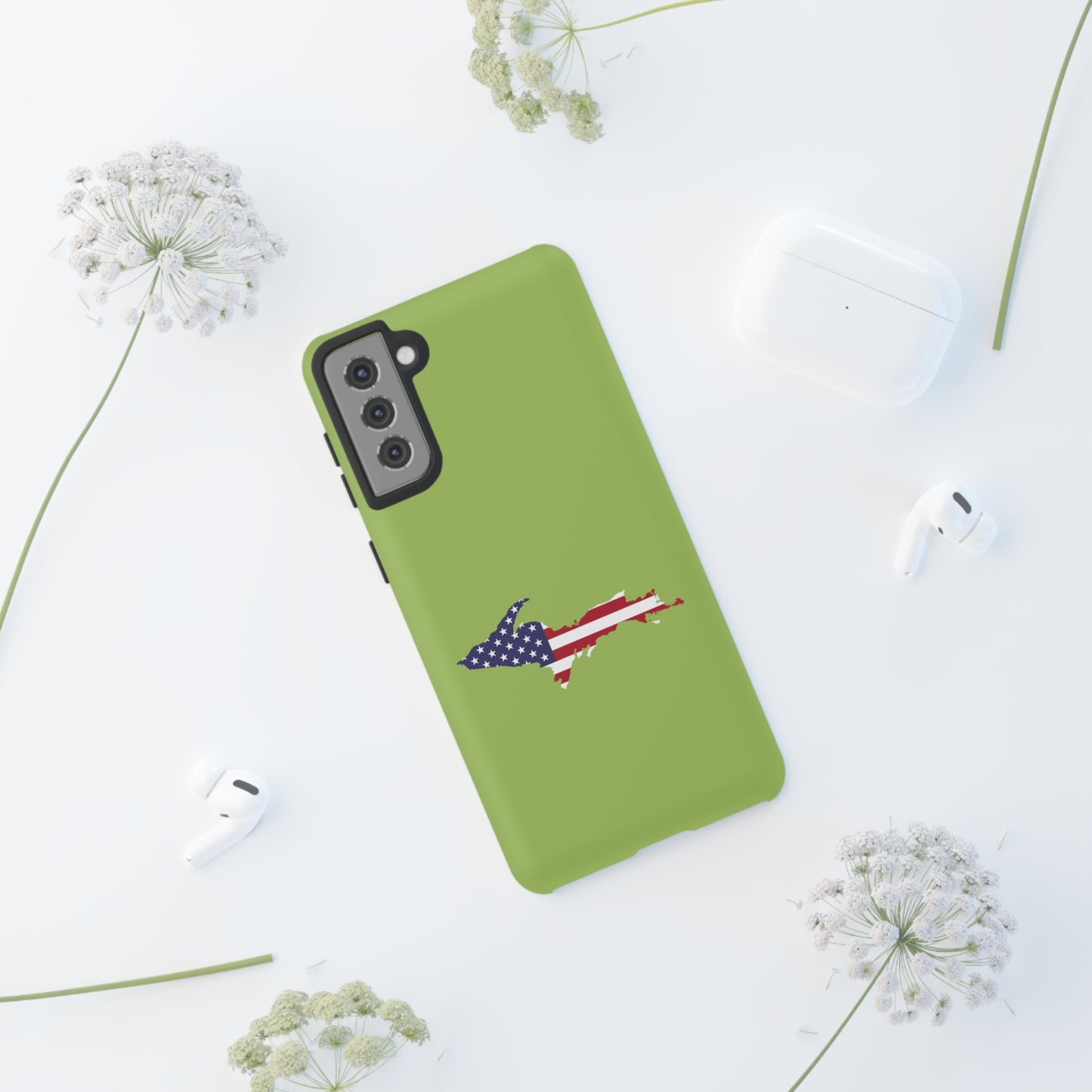 Michigan Upper Peninsula Tough Phone Case (Gooseberry Green w/ UP USA Flag Outline) | Samsung & Pixel Android