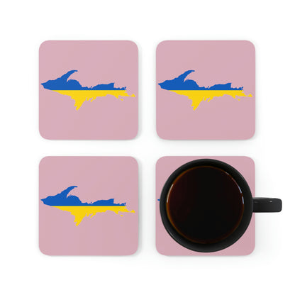 Michigan Upper Peninsula Coaster Set (Pink w/ UP Ukraine Flag Outline) | Corkwood - 4 pack