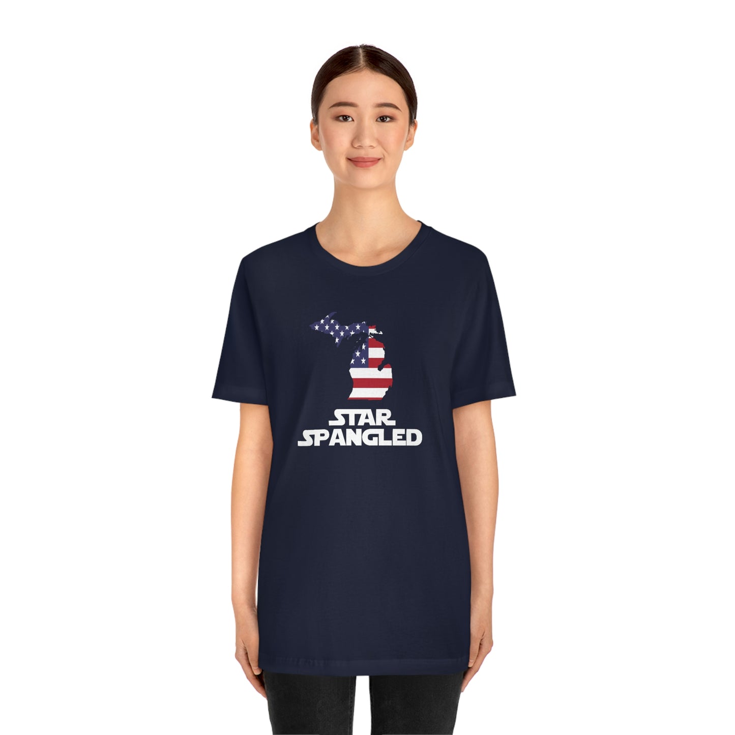 Michigan 'Star Spangled' T-Shirt (Epic Sci Fi Font w/ MI USA Flag Outline) | Unisex Standard Fit