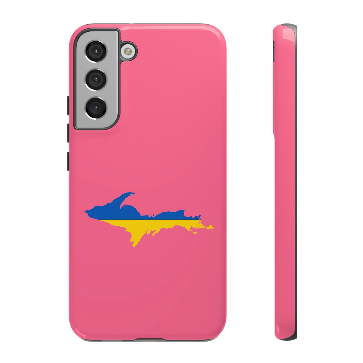 Michigan Upper Peninsula Tough Phone Case (Rhodochrosite Pink w/ UP Ukraine Flag Outline) | Samsung & Pixel Android