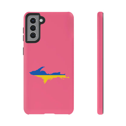 Michigan Upper Peninsula Tough Phone Case (Rhodochrosite Pink w/ UP Ukraine Flag Outline) | Samsung & Pixel Android