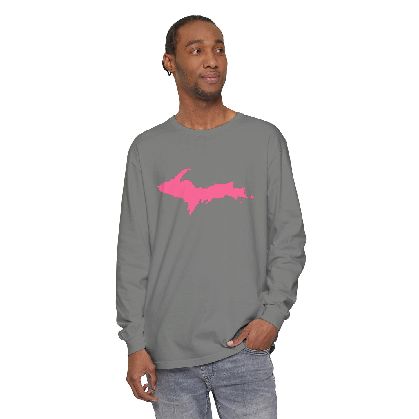 Michigan Upper Peninsula Garment-Dyed T-Shirt (w/ Pink UP Outline) | Unisex Long Sleeve