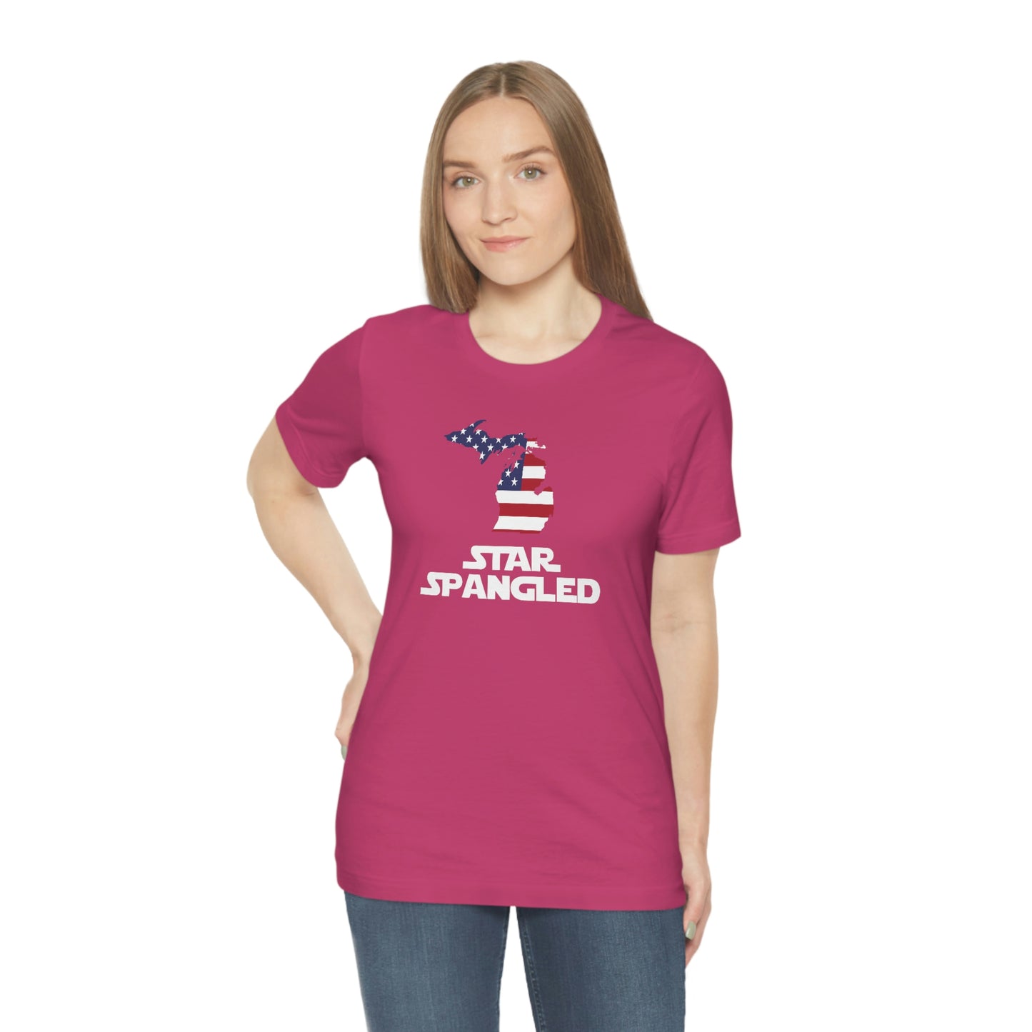 Michigan 'Star Spangled' T-Shirt (Epic Sci Fi Font w/ MI USA Flag Outline) | Unisex Standard Fit