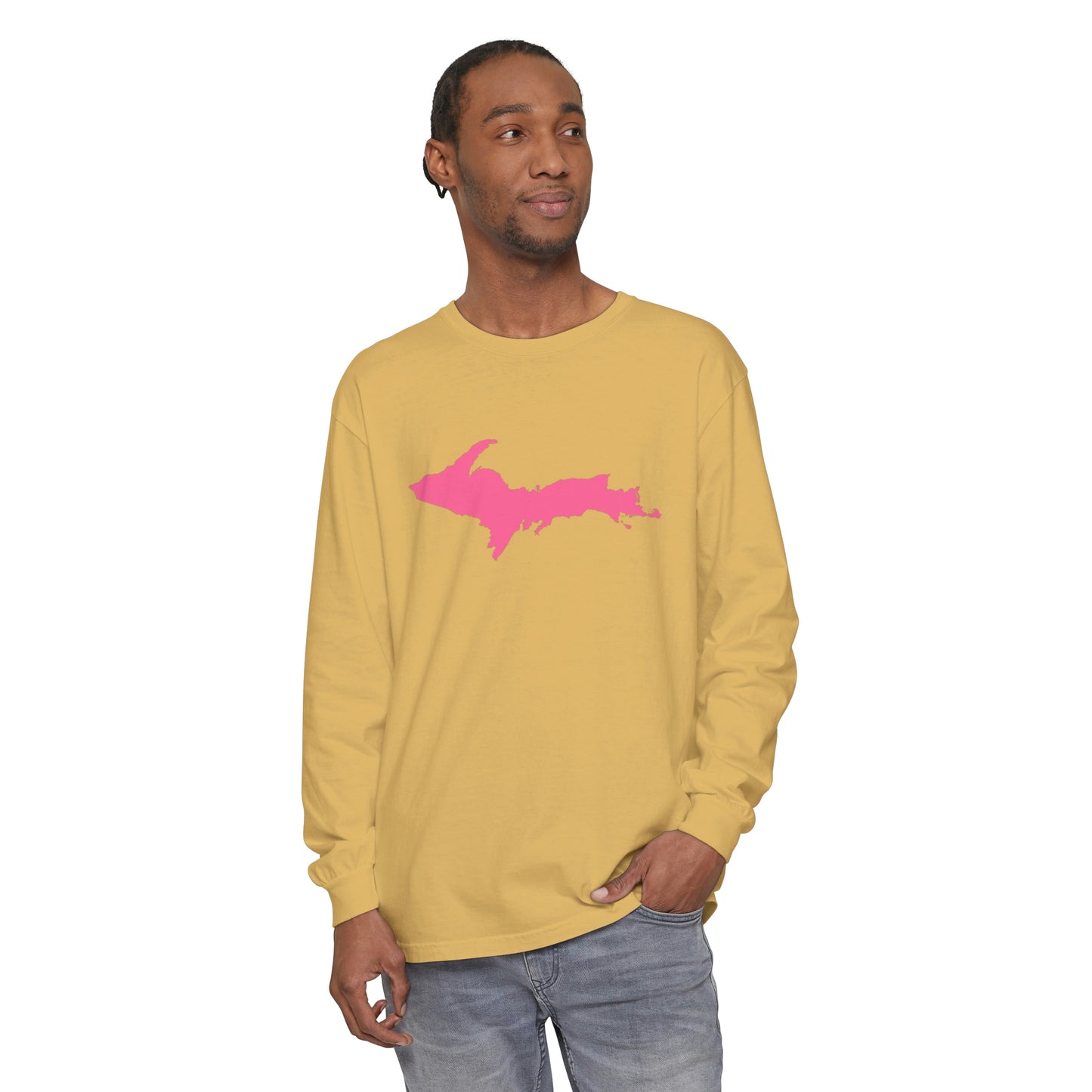 Michigan Upper Peninsula Garment-Dyed T-Shirt (w/ Pink UP Outline) | Unisex Long Sleeve