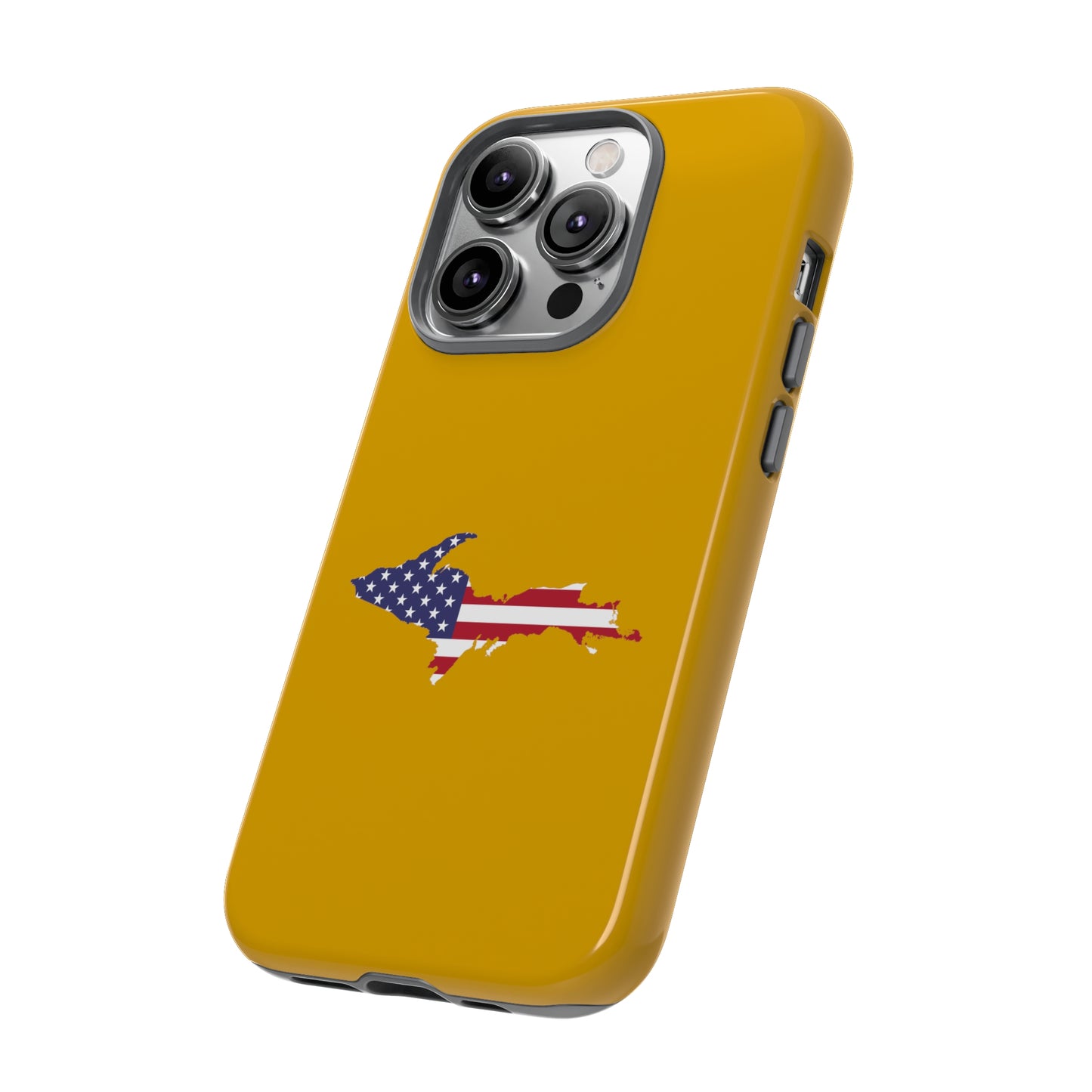 Michigan Upper Peninsula Tough Phone Case (Gold w/ UP USA Flag Outline) | Apple iPhone