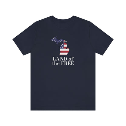 Michigan 'Land of the Free' T-Shirt (Didone Font w/ MI USA Flag Outline) | Unisex Standard Fit