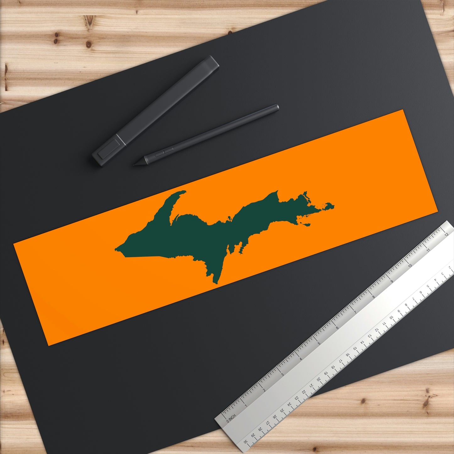 Michigan Upper Peninsula Bumper Sticker (w/ Green UP Outline) | Orange Background