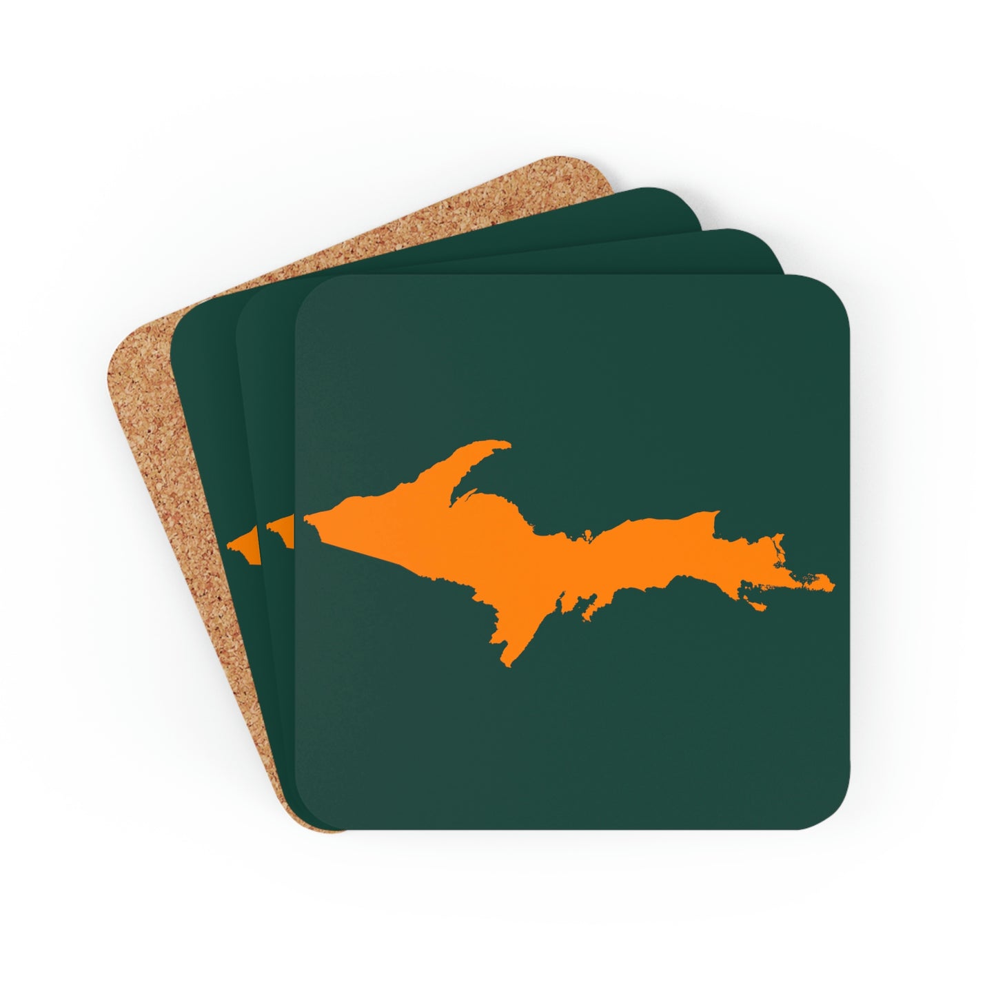 Michigan Upper Peninsula Coaster Set (Green w/ Orange UP Outline) | Corkwood - 4 pack