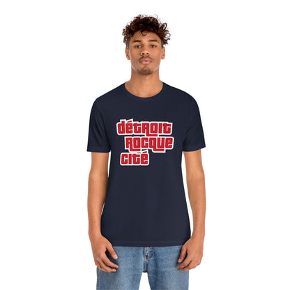 'Détroit Rocque Cité' T-Shirt (Red/White Automotive Crime Parody) | Unisex Standard Fit