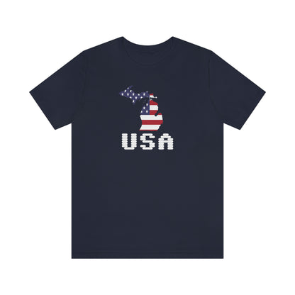 Michigan 'USA' T-Shirt (Vintage Computer Font w/ MI USA Flag Outline) | Unisex Standard Fit