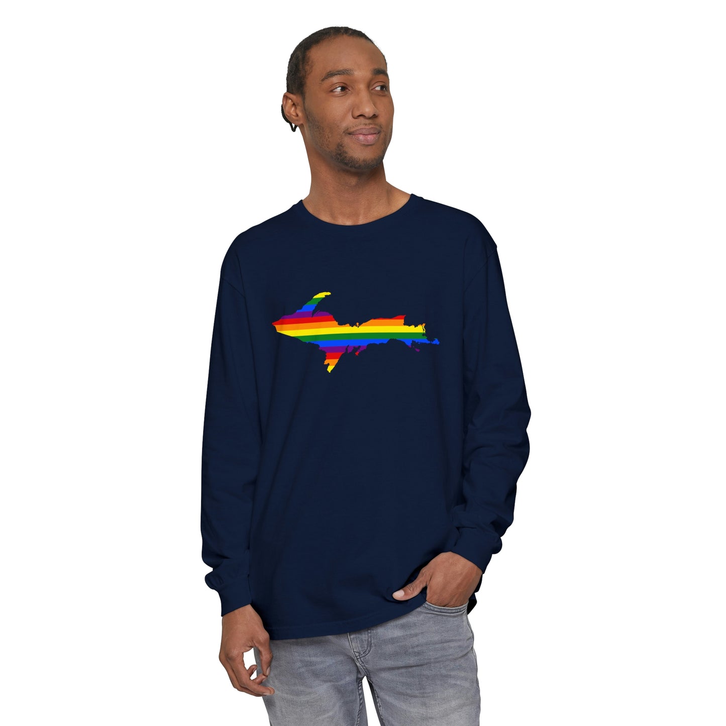 Michigan Upper Peninsula Garment-Dyed T-Shirt (w/ UP Pride Flag Outline) | Unisex Long Sleeve