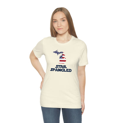 Michigan 'Star Spangled' T-Shirt (Epic Sci Fi Font w/ MI USA Flag Outline) | Unisex Standard Fit