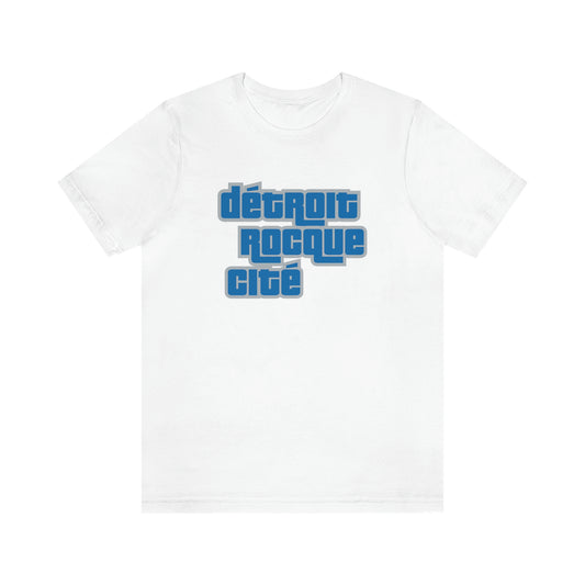 'Détroit Rocque Cité' T-Shirt (Azure/Grey Automotive Crime Parody) | Unisex Standard Fit