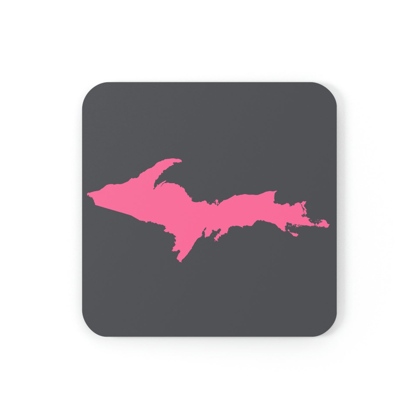 Michigan Upper Peninsula Coaster Set (Iron Ore Grey w/ Pink UP Outline) | Corkwood - 4 pack