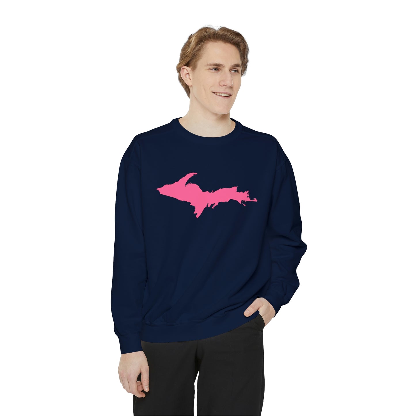 Michigan Upper Peninsula Sweatshirt (w/ Pink UP Outline) | Unisex Garment Dyed