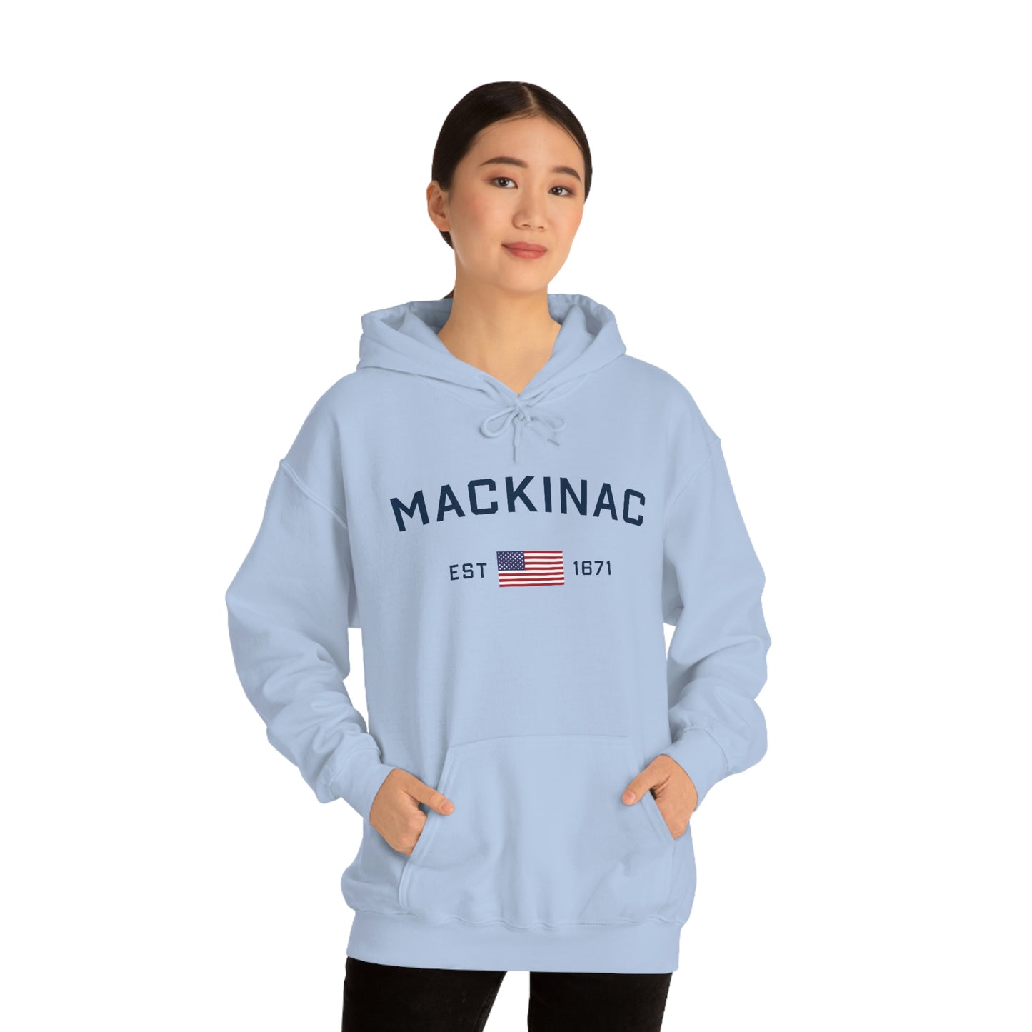 'Mackinac EST 1671' Hoodie (w/USA Flag Outline) | Unisex Standard