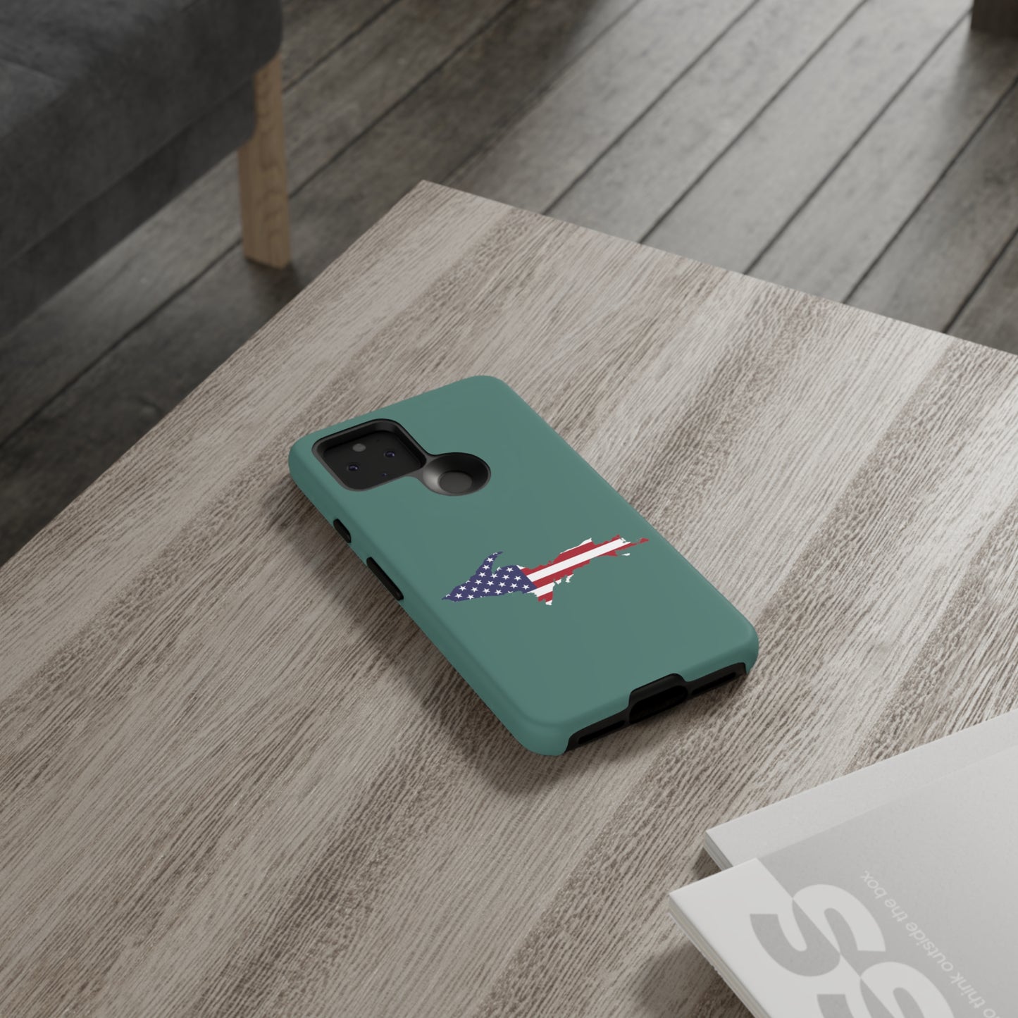 Michigan Upper Peninsula Tough Phone Case (Copper Green w/ UP USA Flag Outline) | Samsung & Pixel Android