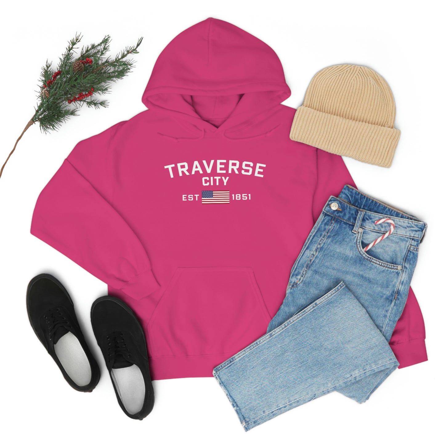 'Traverse City EST 1851' Hoodie (w/USA Flag Outline) | Unisex Standard