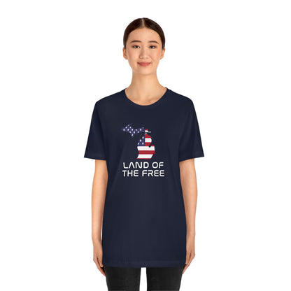 Michigan 'Land of the Free' T-Shirt (Space Agency Font w/ MI USA Flag Outline) | Unisex Standard Fit