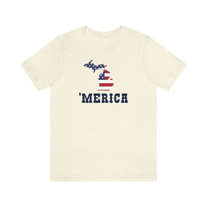 Michigan 'Merica' T-Shirt (Western Font w/ MI USA Flag Outline) | Unisex Standard Fit