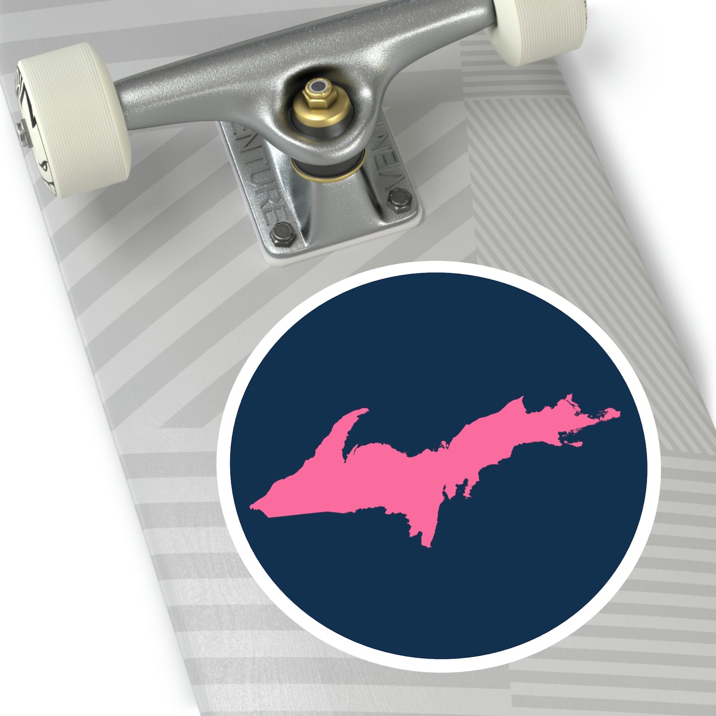 Michigan Upper Peninsula Round Stickers (Navy w/ Pink UP Outline) | Indoor\Outdoor