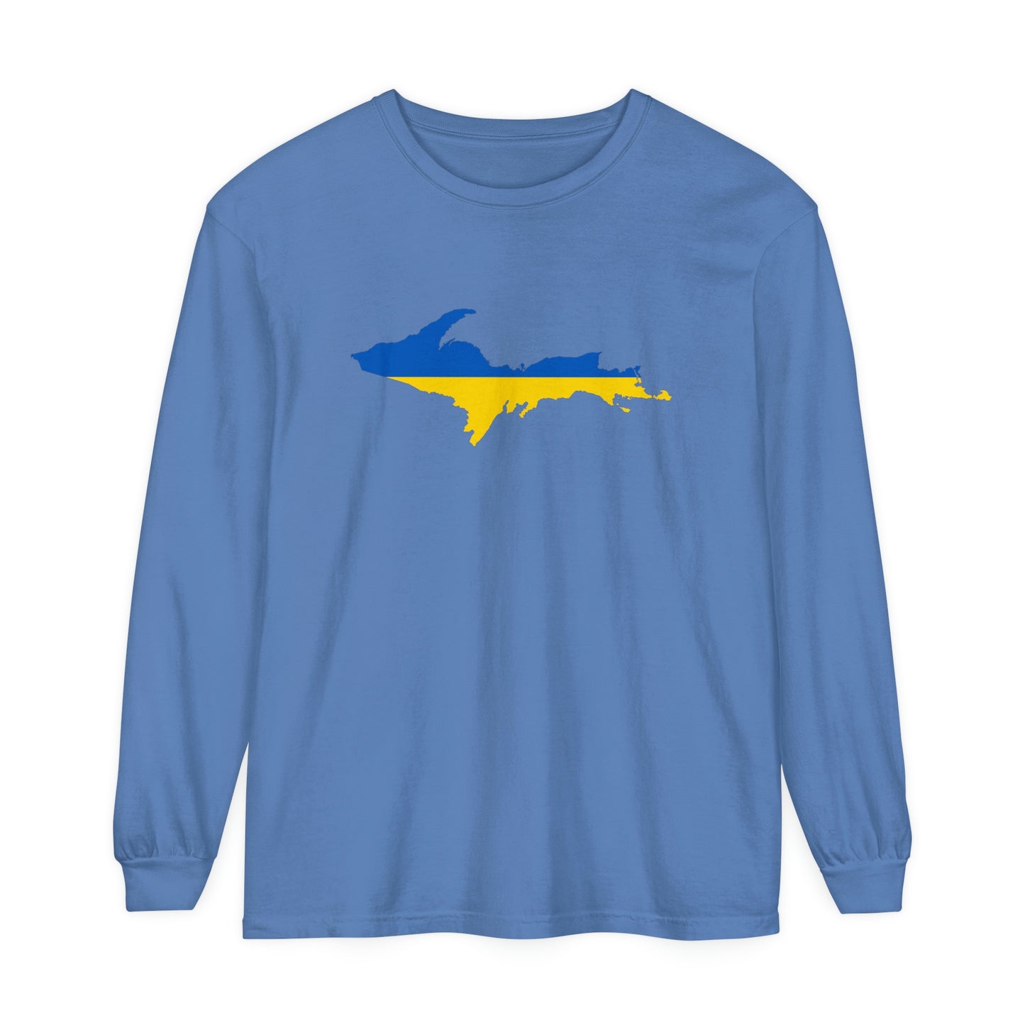 Michigan Upper Peninsula Garment-Dyed T-Shirt (w/ UP Ukraine Flag Outline) | Unisex Long Sleeve