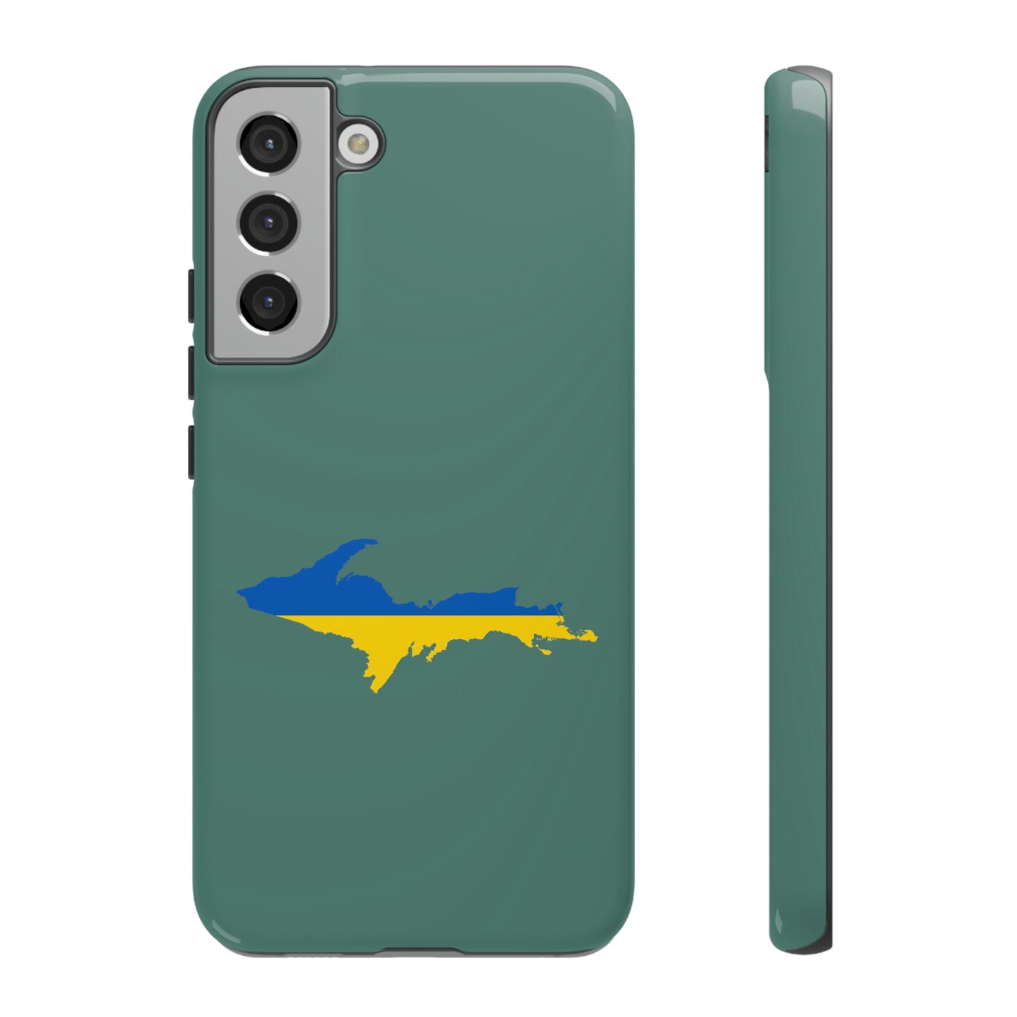 Michigan Upper Peninsula Tough Phone Case (Copper Green w/ UP Ukraine Flag Outline) | Samsung & Pixel Android