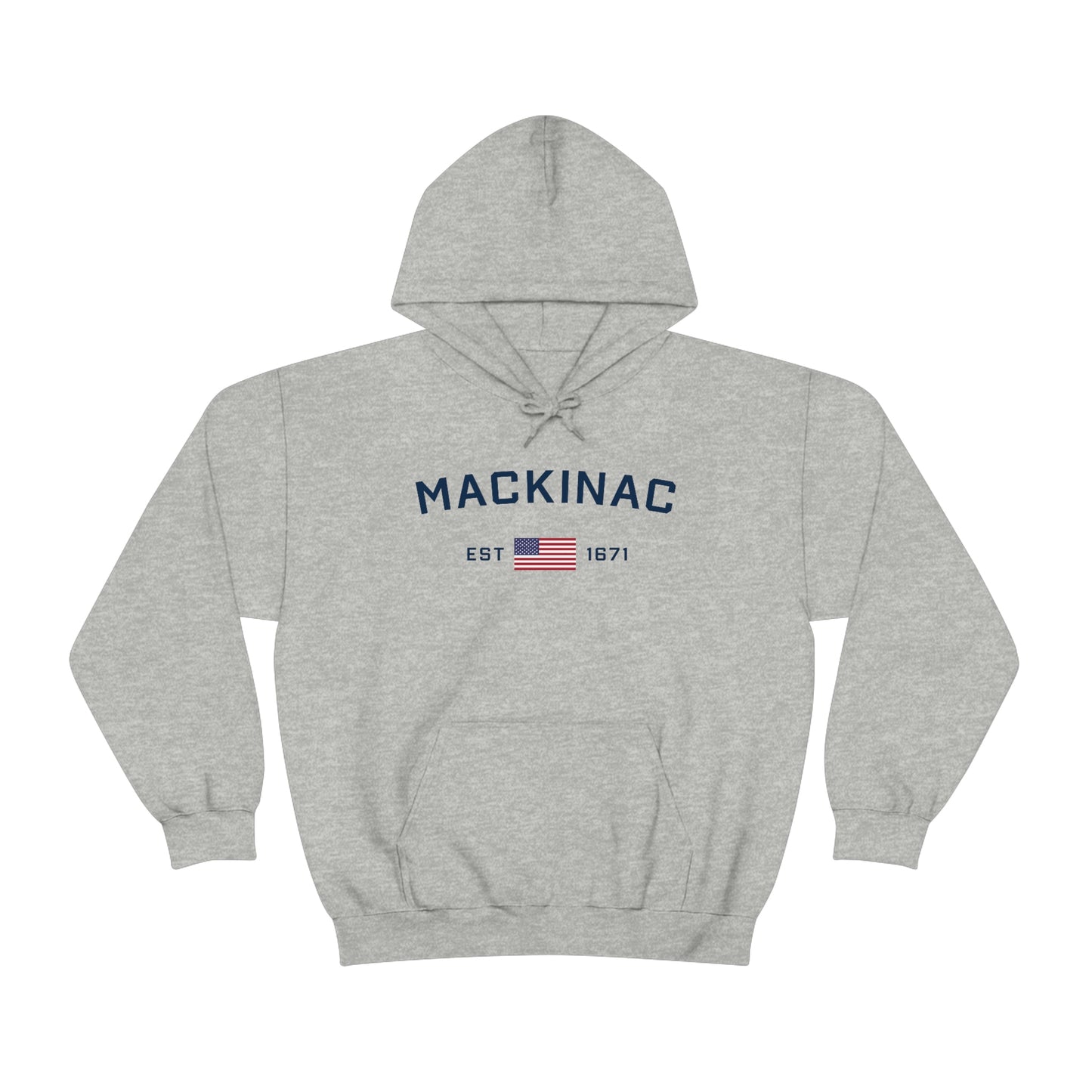 'Mackinac EST 1671' Hoodie (w/USA Flag Outline) | Unisex Standard